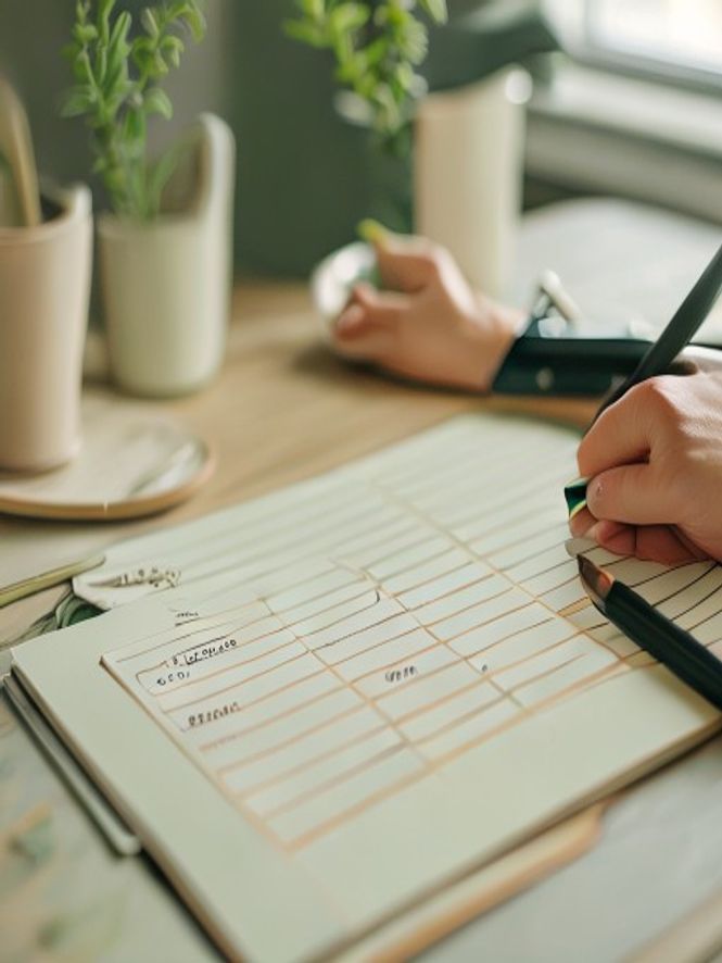 Completed habit tracker with checkmarks and progress notes on wooden desk